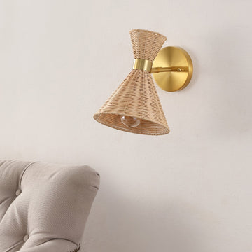 Zoey 10" 1-Light Mid-Century Vintage Retro Rattan/Metal LED Sconce with Adjustable Shade - JONATHAN Y